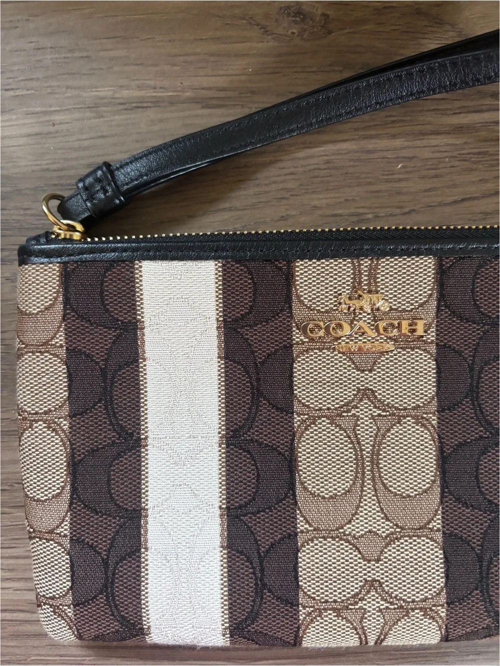 Coach Striped Signature Canvas Wristlet - Brown, Cream & Black